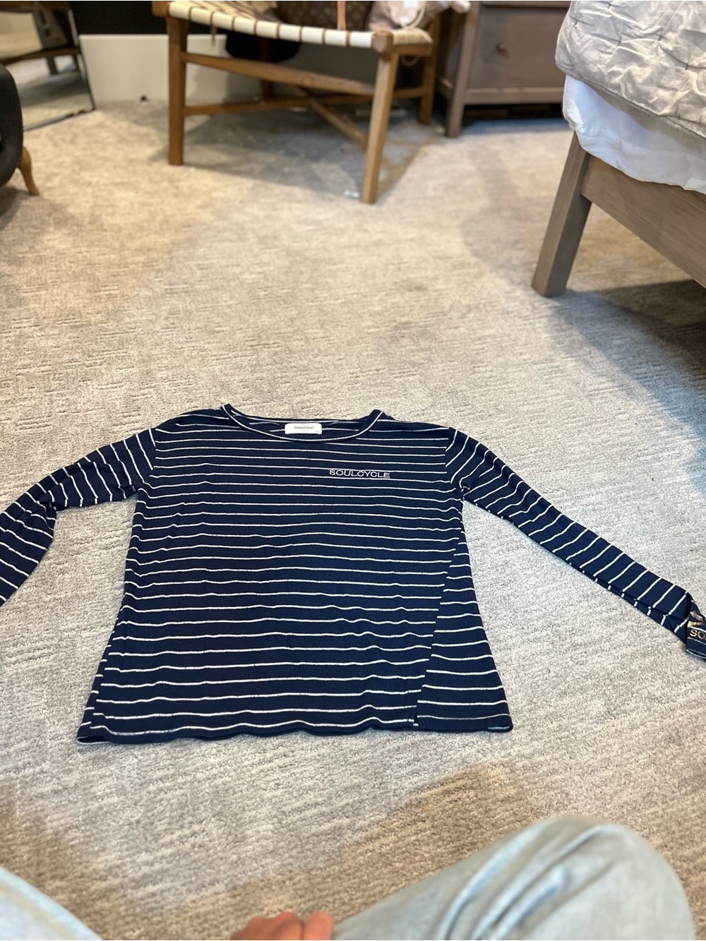 soulcycle Navy Blue and White Striped Long Sleeve Tee